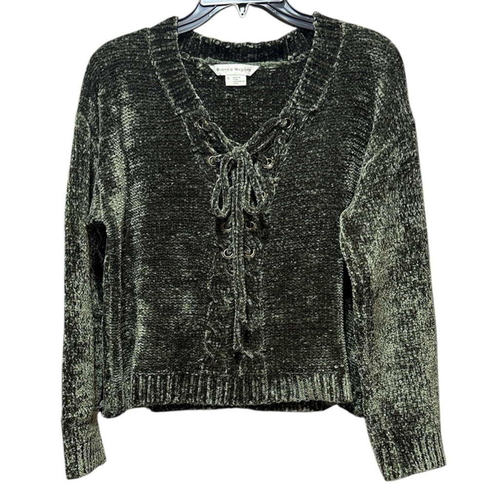 Olive Chenille V-Neck Sweater with Lace Detail